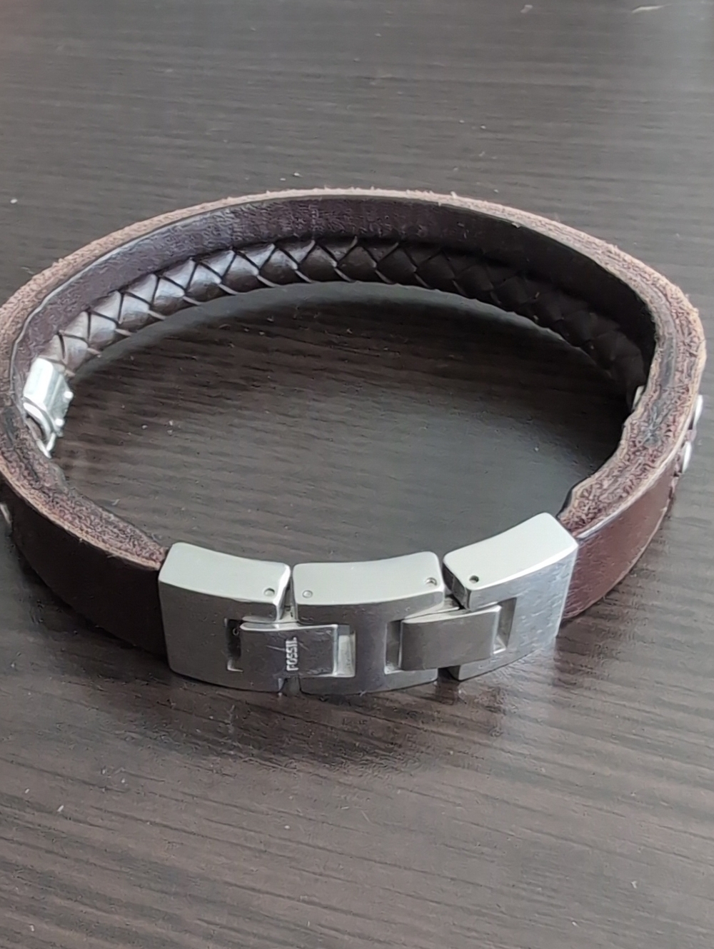 Fossil Brown Braided Leather Bracelet with Silver Clasp